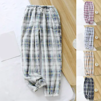 Kadın Pazen Pijama Japon Harujuku Ekose Pantolon Mercan Polar Kalınlaşmış Sıcak Pantolon Gecelik Pantolon Pantalones Kış