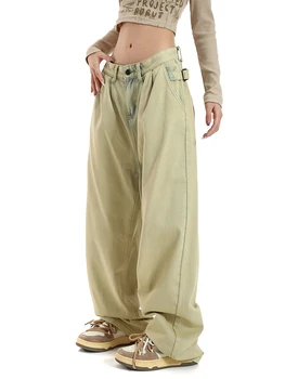 Kadın Retro Düz Renk Baggy Jean Pantolon 2000s Düz Yüksek Bel Geniş Bacak Kadın kot pantolon Amerikan Tarzı Streetwear Y2K