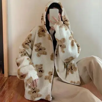 Kadın Sonbahar Kış Polar Kapüşonlu Ceket Kadın Ayı Desenli Hoodie Ceket Peluş Kazak Ceket Kalp Ayı Baskı Dış Giyim