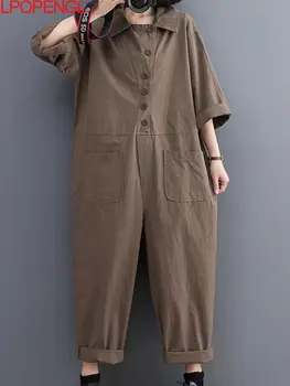 Kadın Vintage Ayak Bileği uzunlukta Geniş Bacak Pantolon 2023 İlkbahar Ve Yaz Yeni Edebi Kore Gevşek Rahat Moda Yaka Gömlek Tulum