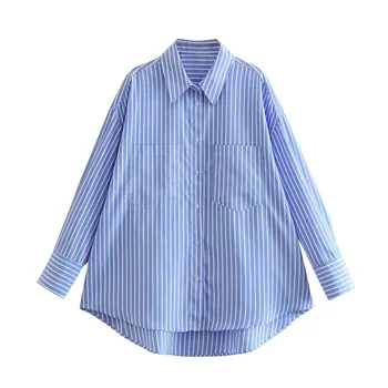 Kadın Çizgili Gömlek Uzun Kollu Yatak Açma Yaka Bluz Gevşek Casual Asimetrik Gömlek Tops Yaka Cepler Kadın Şık Streetwear