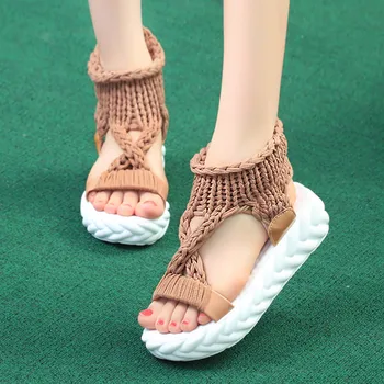 Kadın Örgü Gladyatör Sandalet Yaz Yeni yün ayakkabı Kalın dipli Sandalet Katı Bayanlar Platformu Sandalias Zapatos Mujer