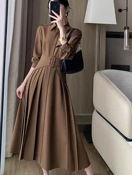 Kadınlar için zarif Elbise Uzun Kollu Fransız Tarzı Vintage Elbise İnce Midi Katı Kat Çentikli 2023 Yeni Sonbahar Kış Elbise