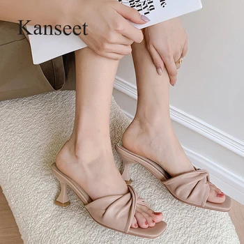 Kanseet Moda Yaz Kadın Ayakkabı Yeni 2023 Hakiki Deri El Yapımı Kare Burnu açık 6cm Yüksek Topuklu Açık Terlik Kayısı 40