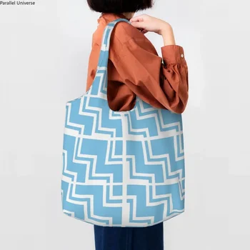 Kawaii Baskılı Açık Mavi Zikzak Tote alışveriş çantası Geri Dönüşüm Tuval Alışveriş Omuz Bohemian Modern Geometrik Çanta Çanta Hediye