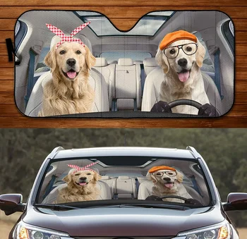 Komik Golden Retriever Köpek Çift Yaz araba güneşliği, Sevimli Golden Retriever Sürüş Otomatik Güneşlik Köpek, araç ön camı