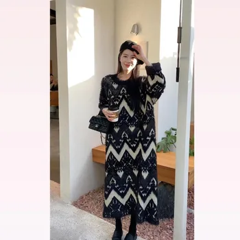 Korobov Sonbahar Kış Örme Elbise Yeni Vintage Robe Diz Uzun Etek Tasarım Gevşek Ince Elbiseler Mizaç Kalın Kadın Vestidos
