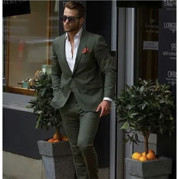Koyu Yeşil Erkek Takım Elbise Rahat Şık 2 Parça (Ceket+Pantolon) Slim Fit Damat Smokin Moda Özel Düğün Takımları Balo Blazer