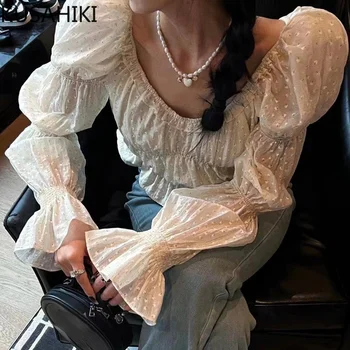 KUSAHİKİ Şık Kat Nokta Kadın Bluzlar Kore Kapalı Omuz Puf Kollu Üst Gömlek 2023 Sonbahar Yeni Moda İnce Kısa Blusas Femme