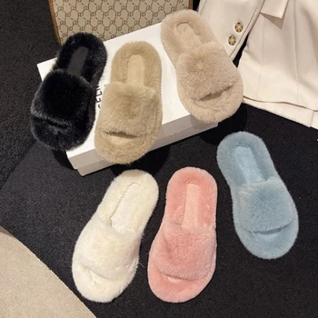 Kış Kabarık ev terlikleri Kadınlar 2023 Kore Ev Kürk Terlik Kadınlar için Düz Platform Rahat Bulanık Kapalı Ayakkabı Trendi Slaytlar