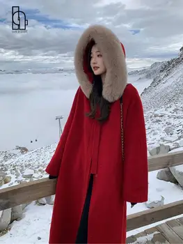 Kış kadın Çift taraflı Gerçek Kürk Mantolar İçin Kırmızı Uzun Kürk Kapşonlu Palto Kemer İle Kadın Moda Sıcak Pelerin Gevşek Dış Giyim