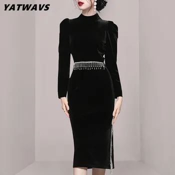 Kış Tasarımcı kadın Siyah Kadife Midi Elbiseler Pist Puf Kollu Moda Püsküller Zincir Dekor Kadın İnce Bölünmüş Elbise