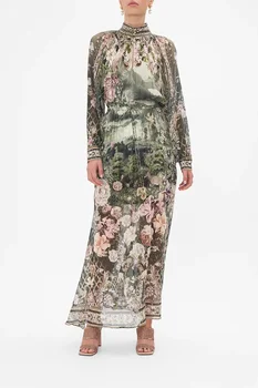 Lvydala 2023 Yeni kadın %100 % İpek Retro baskılı uzun elbise Standı Yaka Uzun Kollu Ağır Boncuklu ady Maxi elbise