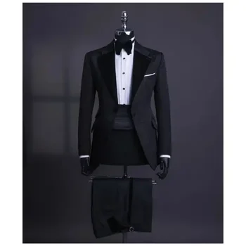 Lüks Siyah Jakarlı Takım Elbise Erkekler İçin 2 Adet Mezuniyet Elbiseleri Özel Balo Düğün Damat Elbise İtalyan Tarzı Yakışıklı Kıyafetler