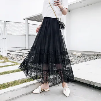 Moda Dantel Etekler kadın Örgü Dantel Ekleme Uzun Etek Yüksek bel Elastik Pilili A-line Zarif Etek 6 Renkler