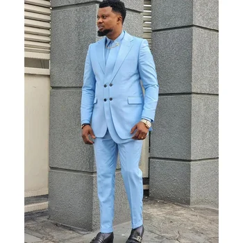 Moda Gök Mavisi Erkek Takım Elbise İki Adet Tasarımcı Custom Made Yakışıklı Düğün Seti Erkek İş resmi giysi