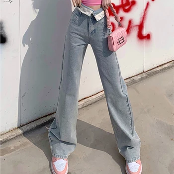 Moda Tasarım Mavi Kot Kadın İlkbahar Yaz Yeni Mektup Baskı Patchwork Yüksek Bel Gevşek Düz Denim Geniş Bacak Pantolon
