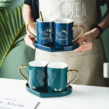 Modern Çift bardak Seramik Kupalar Tepsi ile noel hediyesi Nişan Düğün Gelin Kahve fincan seti Drinkware Kahvaltı