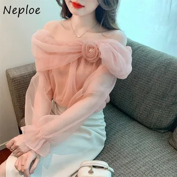 Neploe 2024 Sonbahar Yeni 3d Çiçek Gömlek Kadın Tatlı Fairycore Şifon Kapalı Omuz Blusas Mujer Uzun Kollu Slim Fit Bluzlar