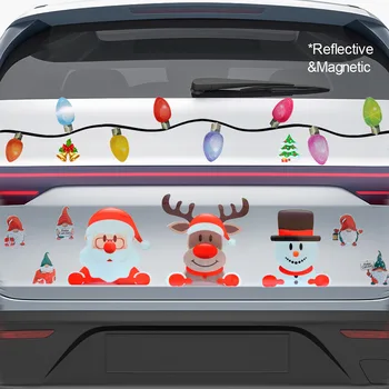 Noel Günü Araba Manyetik Yansıtıcı Çıkartmalar Karikatür Noel Baba Geyik Renkli Ampul Oto Süslemeleri PVC Çıkartmalar ve Çıkartmaları