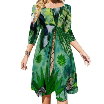 Orman Yeşil Flare Elbise Kare Boyun Elbise Zarif Kadın Moda Baskılı Elbise Orman Yeşil Hayvanlar Orman Tema Orman Sanat