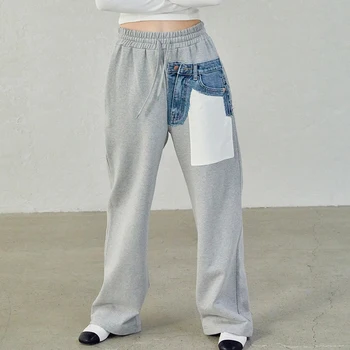 Patchwork Cep Düz Gevşek Pantolon Kadın Moda Yeni Giyim Rahat Geniş Bacak Pantolon Kadınlar İçin Yüksek Bel