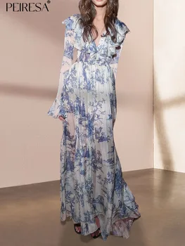 PEİRESA Vintage Kadınlar Baskılı Ruffles Maxi Elbise Standı Yaka Uzun Kollu Şifon Pilili Uzun Elbiseler 2023 Yeni Moda Yaz