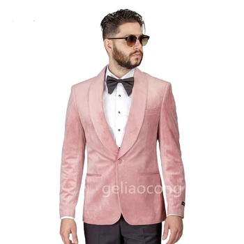 Pembe Kadife Bir Düğme Düğün Damat Smokin Blazer Şal Yaka Erkek Takım Elbise Parti Blazer Balo Parti İş Ceket Tek Parça