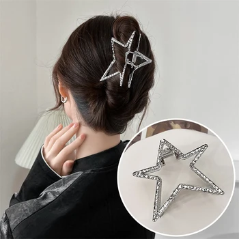 Pentagram Y2k Gümüş Saç Pençe Metal Beş Köşeli Yıldız Geometri Firkete Saç Klipleri Kadın At Kuyruğu moda aksesuar