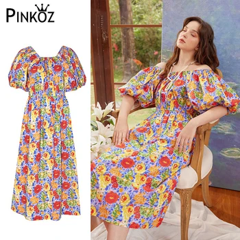 Pinkoz kadın tasarımcı slash boyun çiçek baskılı puf kollu moda tatil şık midi elbiseler kadınlar için rahat yüksek sokak elbise