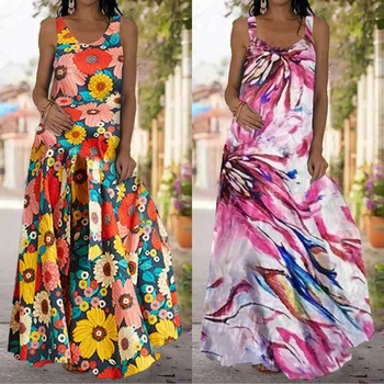 Rahat elbise Kadınlar için Maxi Backless Kolsuz Elbise Seksi Tropikal Baskı Plaj Elbise Sevimli Gömlek Elbiseler Kadınlar için