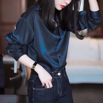 Rahat Turn-aşağı Yaka Tüm Mevsim kadın Giyim 2023 Şifon Trend Tüm Maç Kore Düz Renk Uzun Kollu Bluzlar