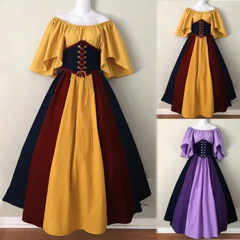 Rönesans Vintage Ortaçağ Kostüm Kadın Cadılar Bayramı Cosplay Gotik Parti Elbise Robe Bel Bandaj Patchwork Artı Boyutu Elbise 5XL
