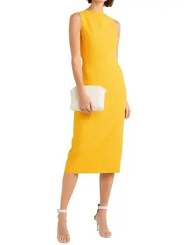 Sarı Elbise kadın yaz elbisesi Geri Bölünmüş Tank Kolsuz Ofis Bayanlar Elbiseler Diz Boyu Giyim