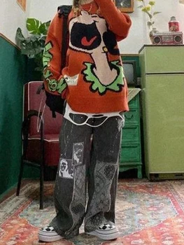Serin Kadın Gevşek Vintage Pantolon Kız Moda Harajuku Baggy Kot Rahat Komik Giyim Ins Gotik Pantolon Yaz Düz Kot