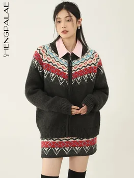SHENGPALAE Kış kadın Örgü İki Adet Vintage Baskılı Fermuar Kazak Ceket 2023 Yeni Gelgit Çok Yönlü Mini Etek Kadın 5R8595