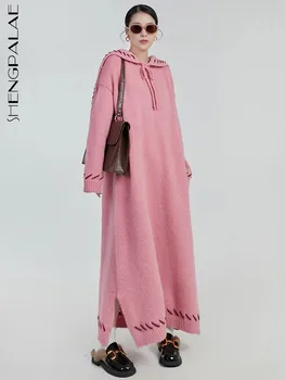 SHENGPALAE Lace Up Denizci Yaka örme elbise Kadınlar İçin Kış Moda Şık A-line Ayak Bileği Uzunluğu Pembe Kazak Elbise 2023 Yeni 5R8155