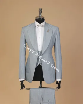 Slim Gömme Açık Gri Modern Klasik Erkek Takım Elbise Düğün İçin Lüks Erkek Blazer Seti İş Kıyafeti 3 Adet Resmi Giyim
