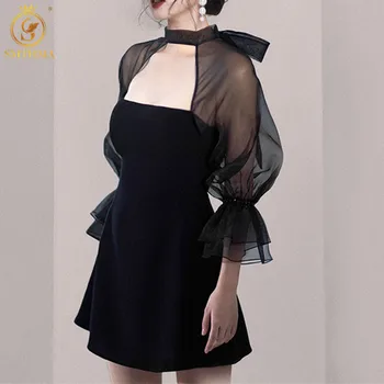 SMTHMA 2022 Yeni Moda High-End Vintage Zarif Örgü Patchwork Elbise Vintage Standı Yaka Rahat tatil elbisesi Vestidos