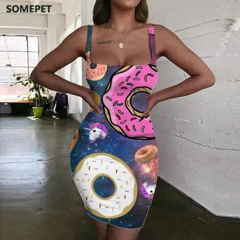 SOMEPET Donuts Elbise Kadınlar Galaxy Halter Kolsuz Renkli 3d Baskı Güzel Sundress Bayan Giyim Kulübü Kısa Boho Femme