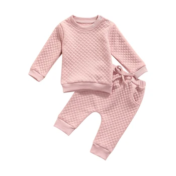 Sonbahar Bebek Erkek Bebek Kız Eşofman Düz Renk Kalın Sıcak Kıyafetler Uzun Kollu Kazak Tişörtü + Pantolon Toddlers Setleri