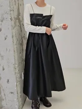 Sonbahar Kış Sahte İki Parçalı Patchwork Pu Elbiseler Kadınlar için Kore Tarzı Tam Kollu İpli Rahat Suni Deri Elbise