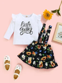 Sonbahar ve Kış Bebek Kız Seti, yuvarlak Boyun Uzun Kollu Mektup T-shirt+2 Parça Çiçek Elbise Jartiyer, uygun 3-24M
