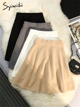 Syiwidii Örme Etekler Kadınlar için Sonbahar Kış 2023 Yeni Moda Vintage Yüksek Bel Bir Çizgi Etekler Casual Gevşek Katı Mini Etek