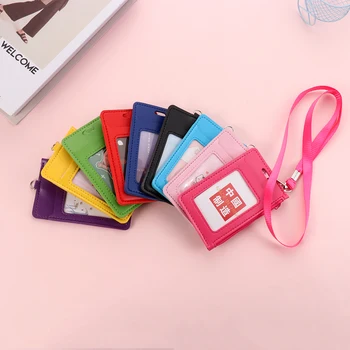 Sıcak KİMLİK kimlik kartı tutucu Suni Deri kartvizit kutusu Kapak Boyun Kordon ile bozuk para cüzdanı Fermuarlı Çanta Okul Ofis Malzemeleri