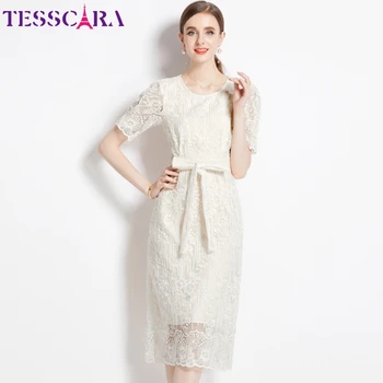 TESSCARA Kadınlar Yaz Yeni Zarif Nakış Elbise Yüksek Kalite Düğün Kokteyl Parti Robe Vintage Tasarımcı Beyaz Dantel Vestidos
