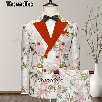 Thorndike 2023 Yeni Jakarlı Smokin En İyi erkek Düğün Parti Elbise Kırmızı Kruvaze Yaka Takım Elbise erkek Moda 3 Parça Set