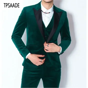 TPSAADE Düğün erkek Yeşil Kadife Takım Elbise 3 Parça (Ceket+Pantolon+Yelek) damat Smokin erkek Parti Elbise Özel Damatlar Erkek Takım Elbise