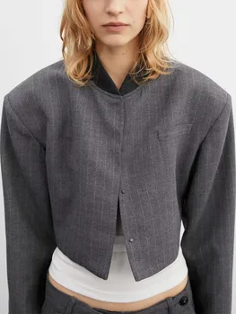 TRAF Moda Kadın Çizgili Bombacı Ceketler 2023 Streetwear Tek Göğüslü Kısa Ceket O-Boyun Kapalı Düğme sonbahar ceket