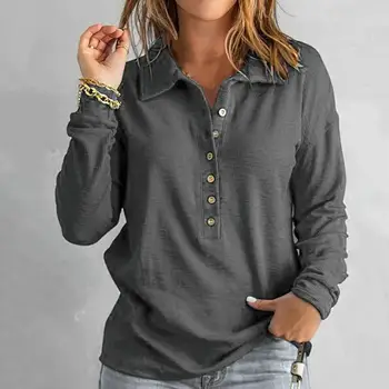 Uzun Kollu Bluz Kadın Üst Artı Boyutu kadın Örme Gevşek Elastik Yaka Gömlek Tek göğüslü Düz Renk Düğmeleri Uzun